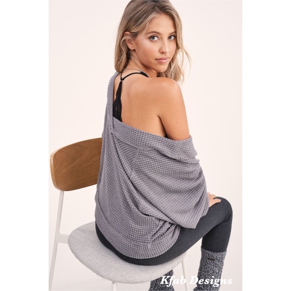 LAST! Talking Cozy! Gray Drop Shoulder Waffle Knit Top - Picture 4 of 4